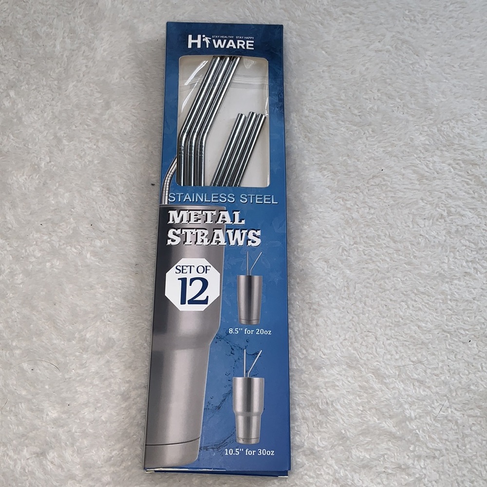 NEW Reusable Straw Set with Cleaning Brush and Bag Silver Stainless Steel - Picture 8 of 8